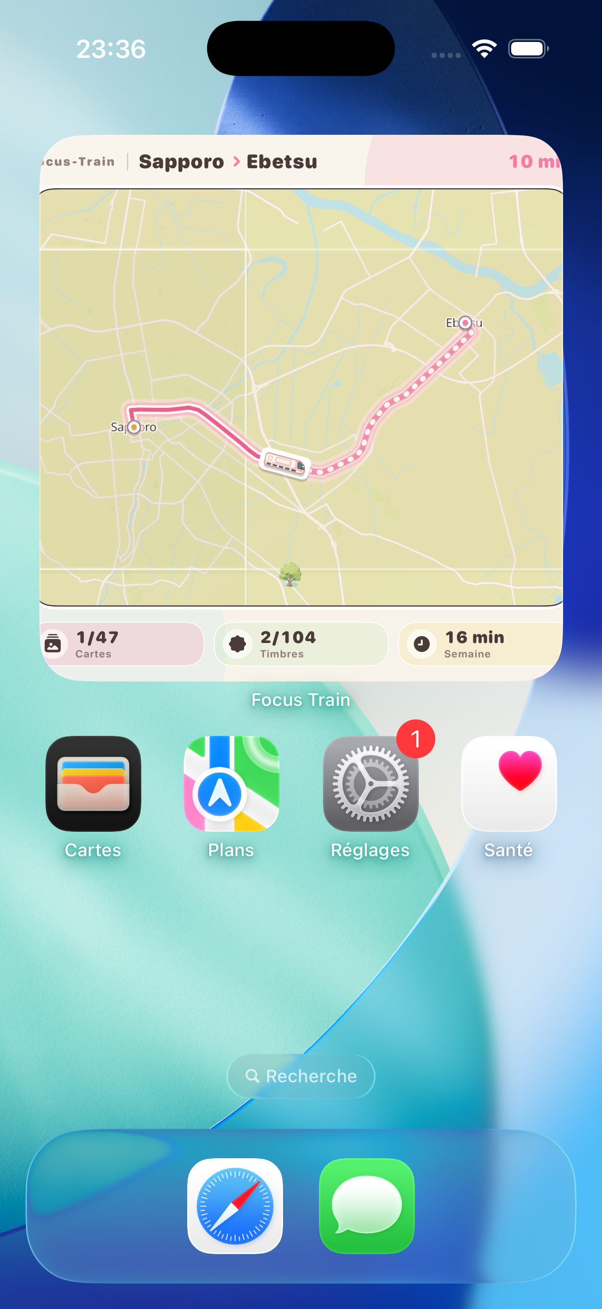 Widget réel de Focus Train sur l’écran d’accueil d’un iPhone, montrant le trajet de Sapporo à Ebetsu