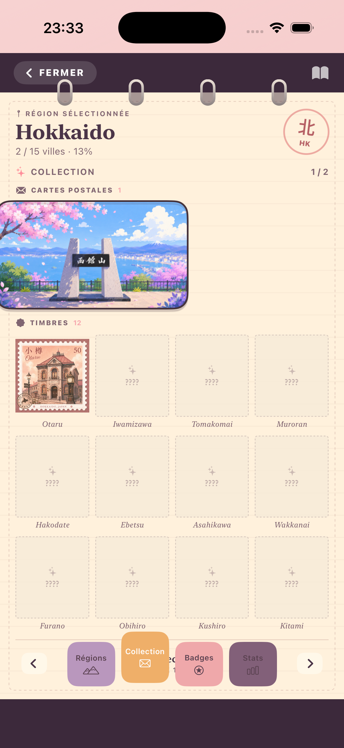 Carnet de collection réel de Focus Train pour la région de Hokkaido, avec une carte postale et des timbres