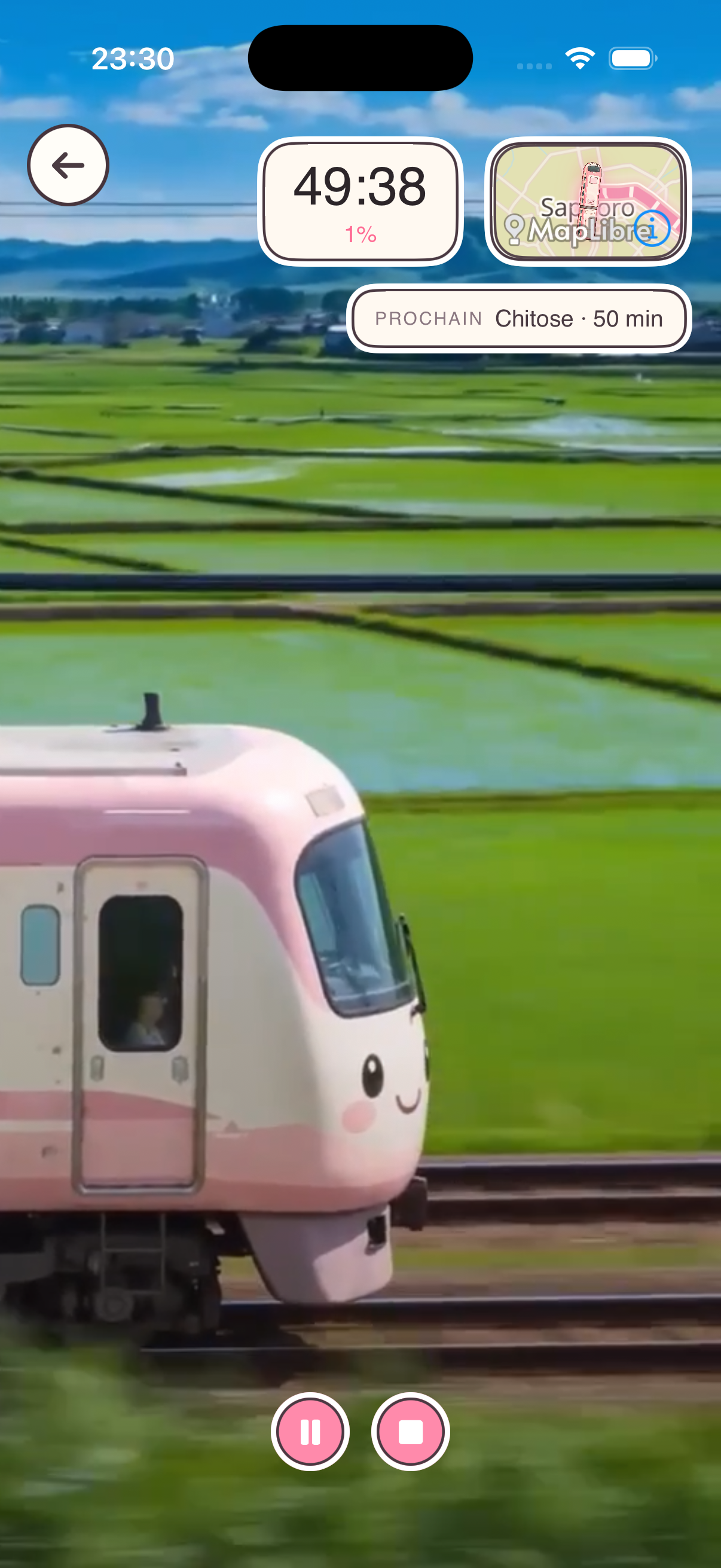 Session Solo réelle dans Focus Train avec le train rose, le minuteur et le prochain arrêt Chitose