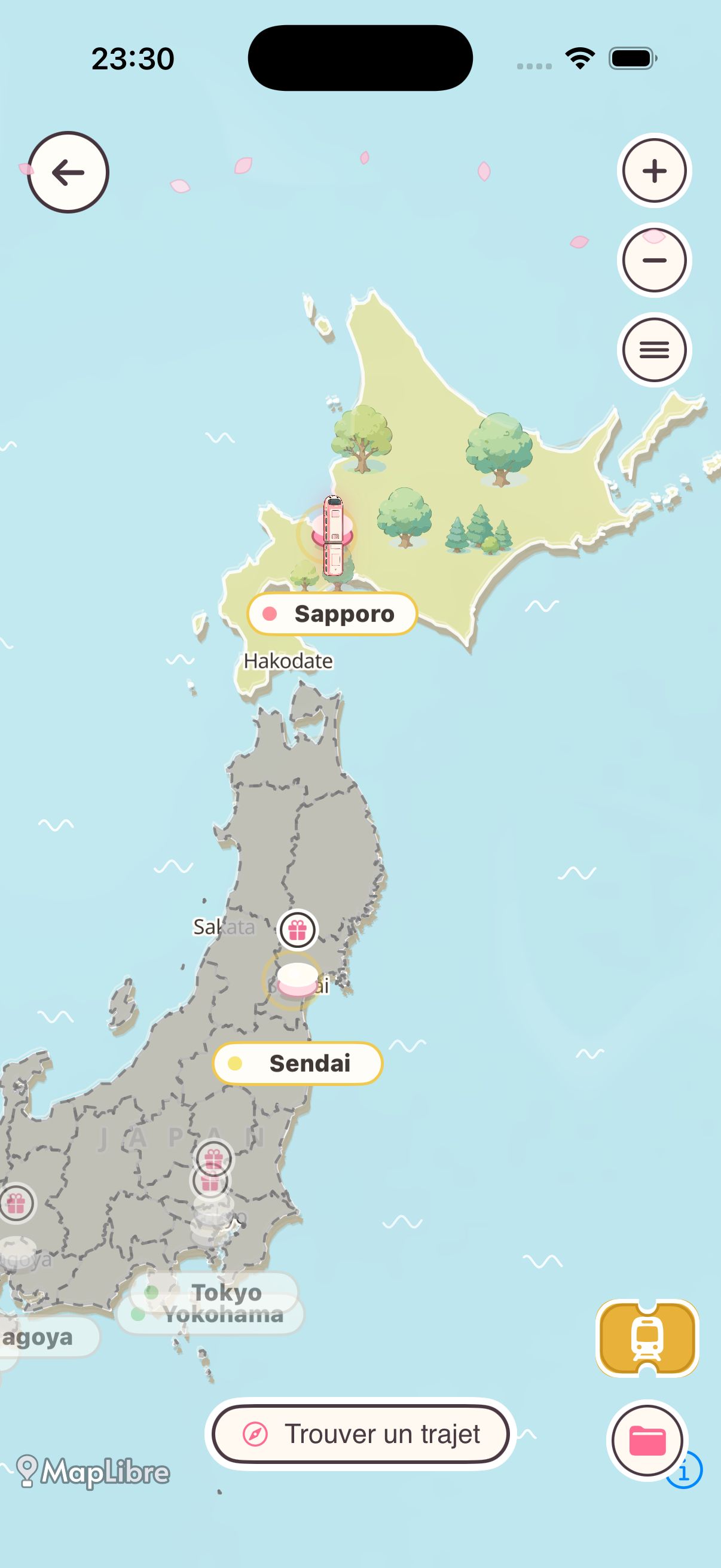 Carte réelle du mode Solo de Focus Train, avec le départ à Sapporo